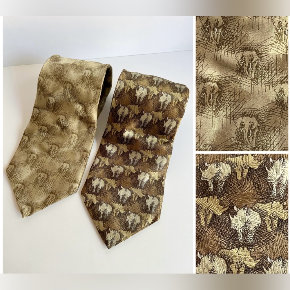 The Nature Conservancy Men’s Silk Neck Tie Bundle Elephant Black Rhino Tan Brown